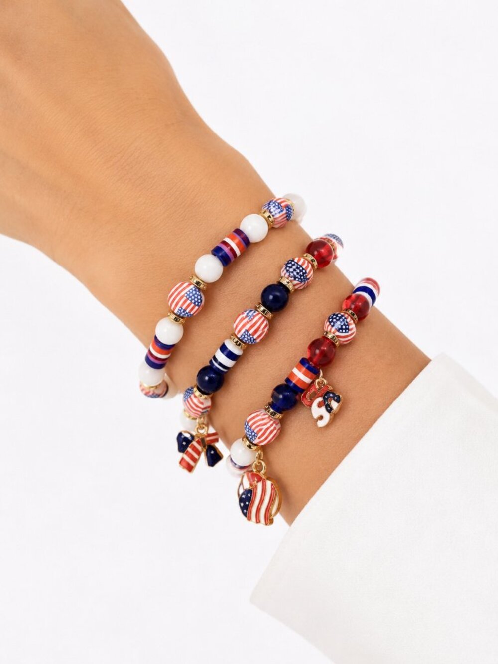 3Pc Patriotic USA Flag Beaded Bracelet Set Red White Blue